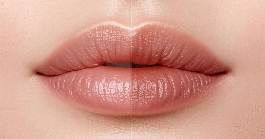 A woman smiling after lip filler treatment, showing natural-looking results and smooth recovery from hyaluronic acid fillers.