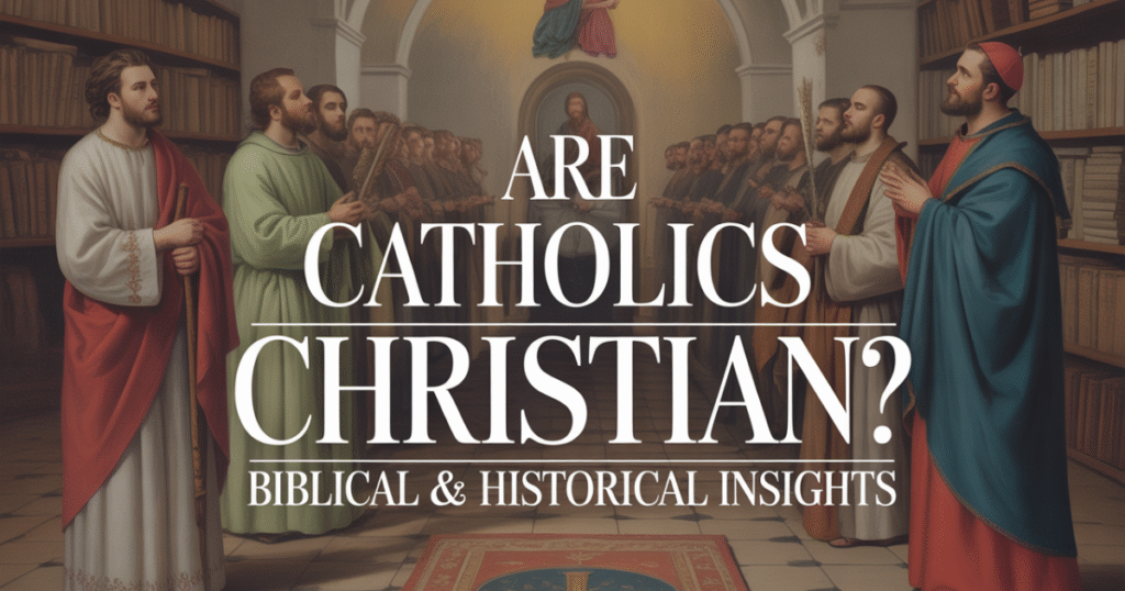 Christian cross beside Catholic symbols, representing an exploration of whether Catholics are Christians based on Scripture and history.