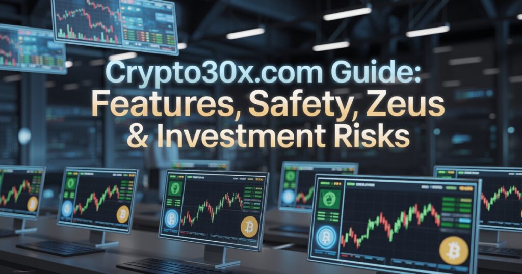 Crypto30x.com platform interface showing trading features, security tools, Zeus AI, and ASX integration for safe crypto trading