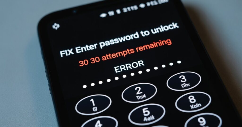 Error message on a device screen showing ‘Enter password to unlock – 30/30 attempts remaining.