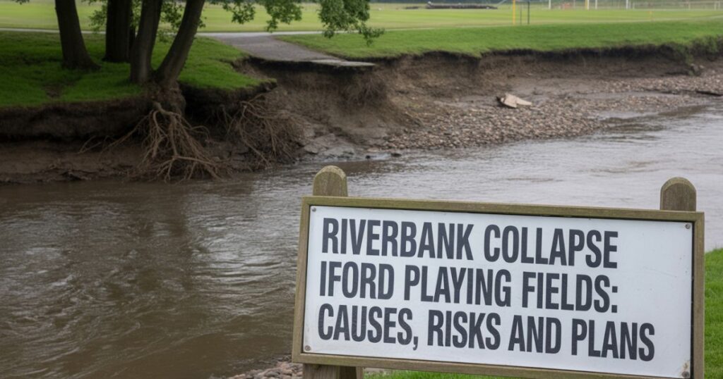 Riverbank collapse Iford Playing Fields showing soil slumping, fallen trees, and riverside instability near the train bridge