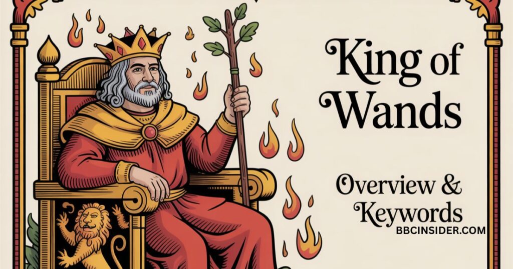 King of Wands Reversed card symbols with salamander and lion imagery